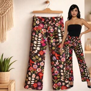 RANDI M. Brown floral corduroy wide leg retro whimsical pants size large